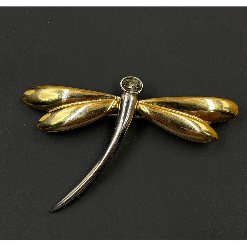 Liz Claiborne Dragonfly Brooch Two Tone Gold Silver Rhinestone Pin LC Signed